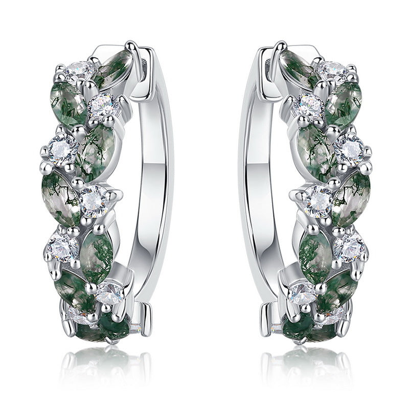 S925 Sterling Silver Moss Agate Marquise Stud Earrings