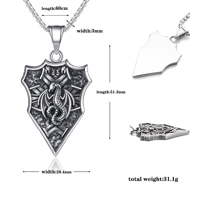 Steel Necklace - Statement Nordic Viking Dragon Shield Design For Hip Hop Fashion And Everyday Wear