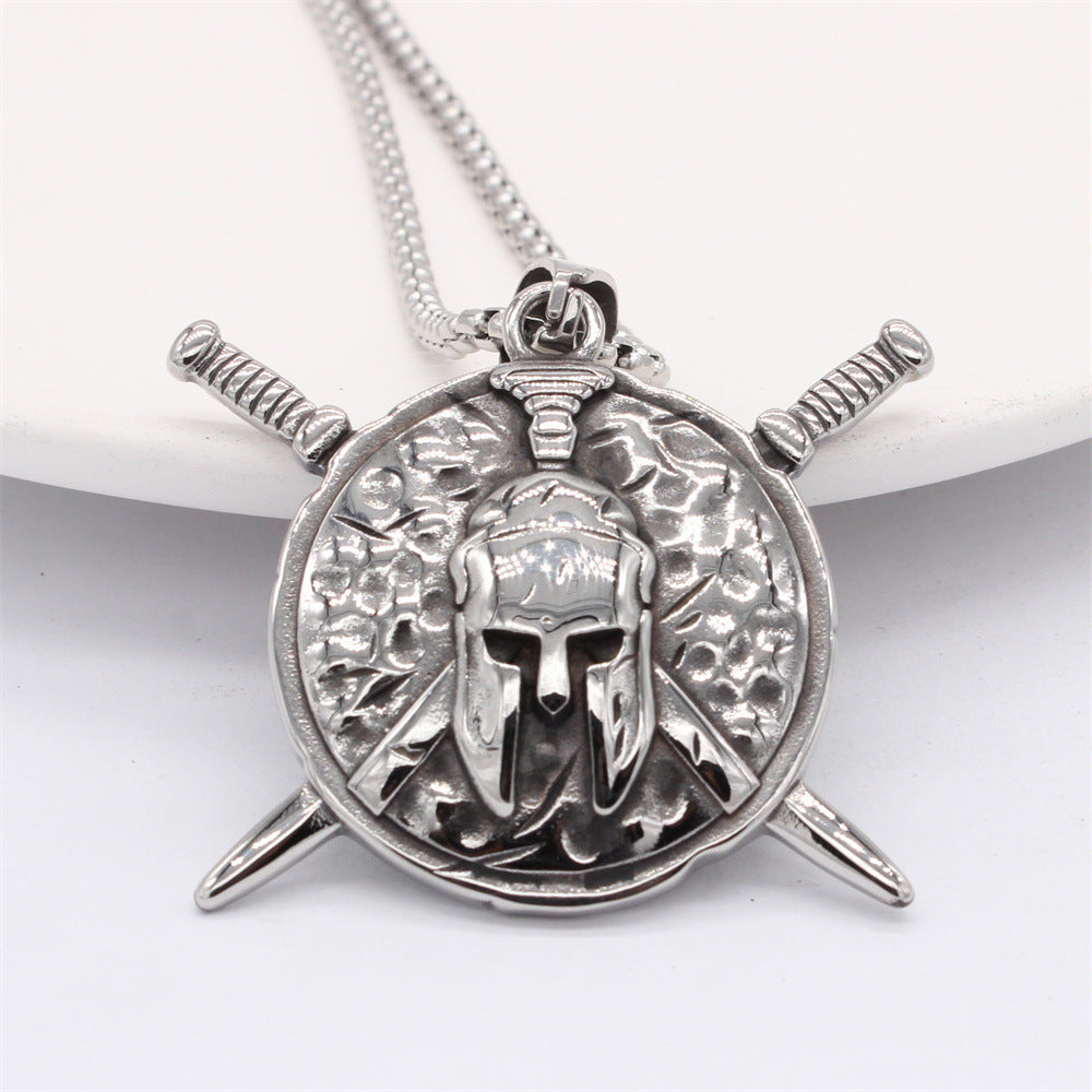 Spartan Helmet Pendant Double Sword Titanium Steel Unisex Jewelry By Planderful For Men And Women