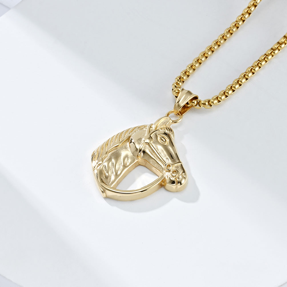 Planderful Mens Horse Head Necklace Personalized Retro Titanium Steel Pendant For Horse Racing Fans