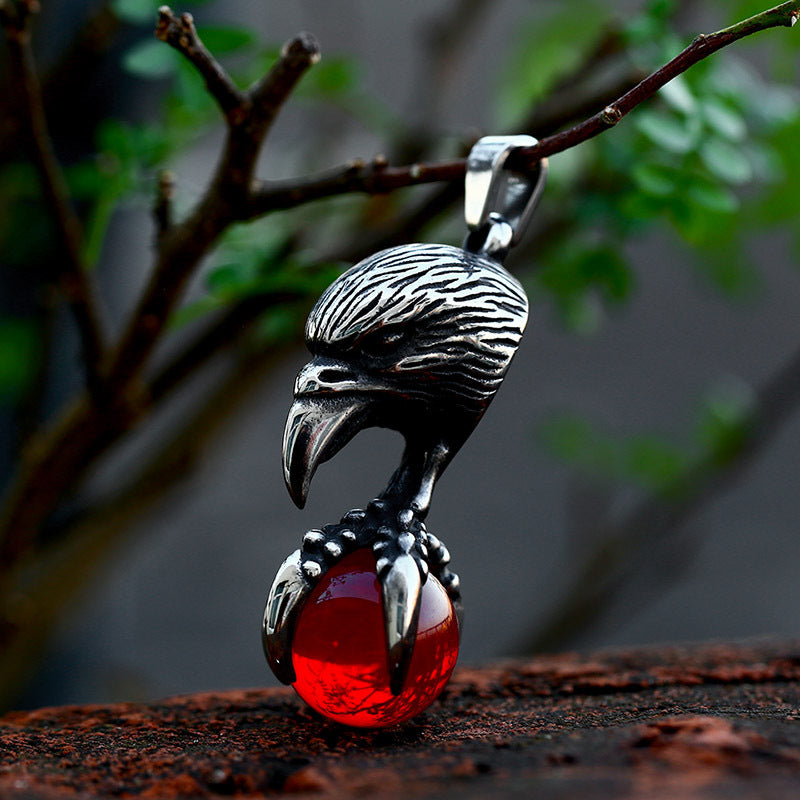 Retro European and American Men's Titanium Steel Pendant with Inlaid Stone Eagle Claw Design