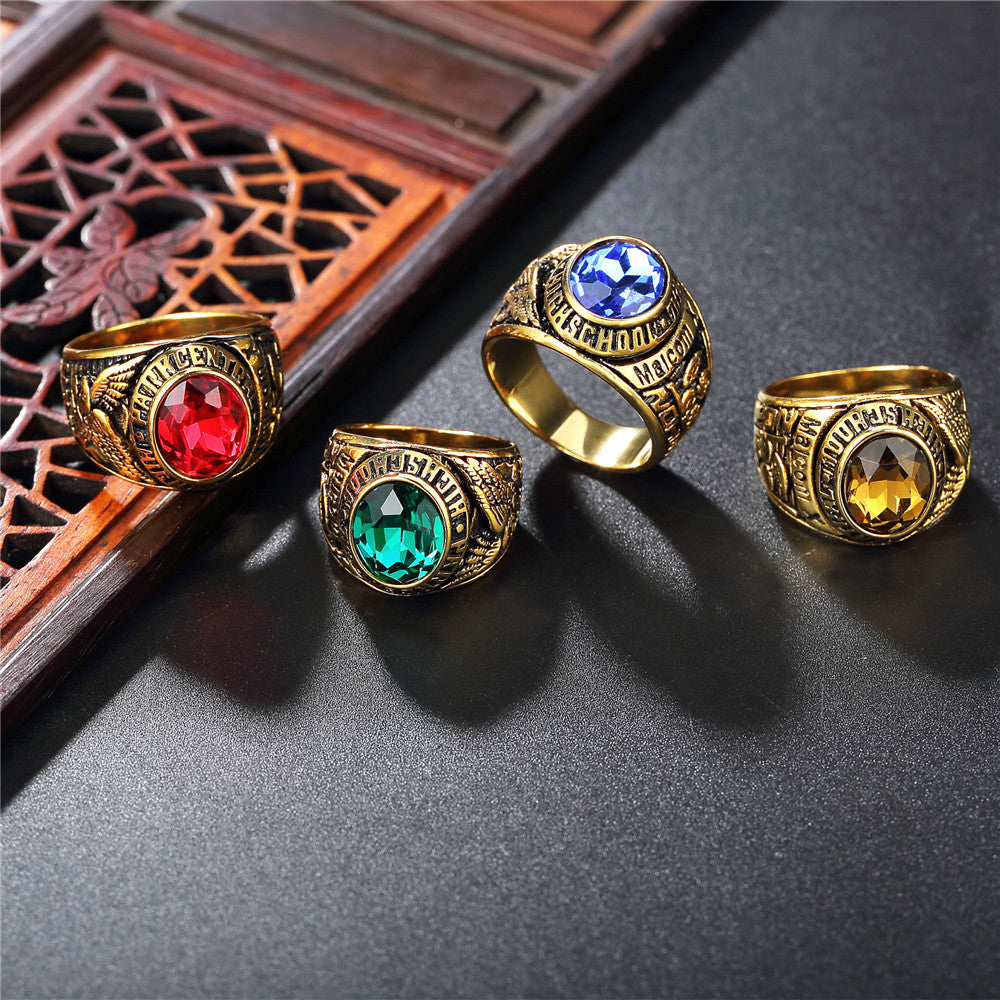 Planderful Eagle Army Ring Stainless Steel With Oval Zircon Unisex Durable Retro Gold Plated Protection