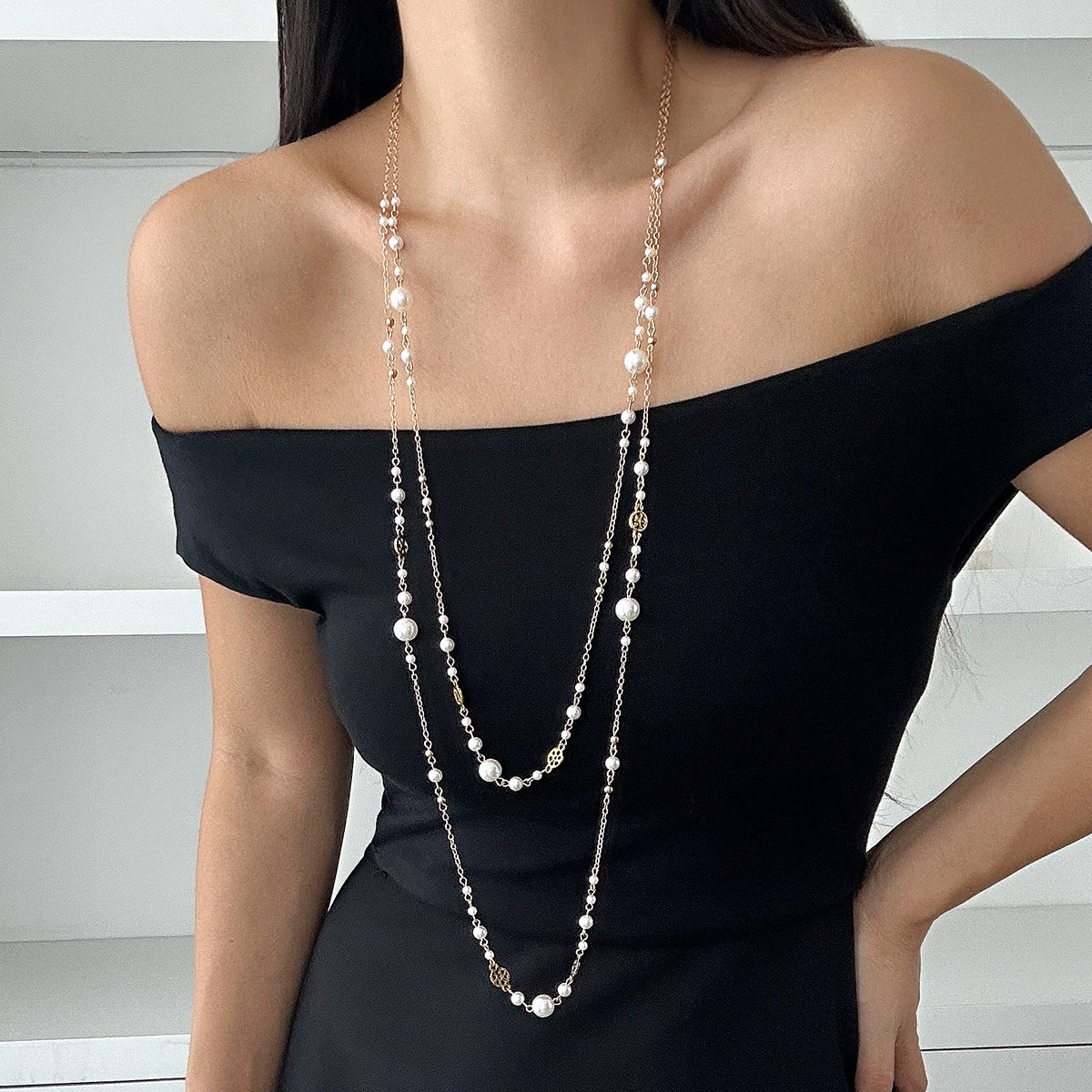 Retro Star-Shaped Fringed Sweater Chain For Imitation Pearls Stacked With Long Necklaces Necklace