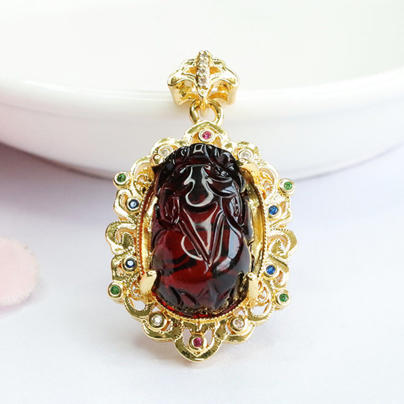 Golden Zircon Pixiu Pendant with Amber Necklace