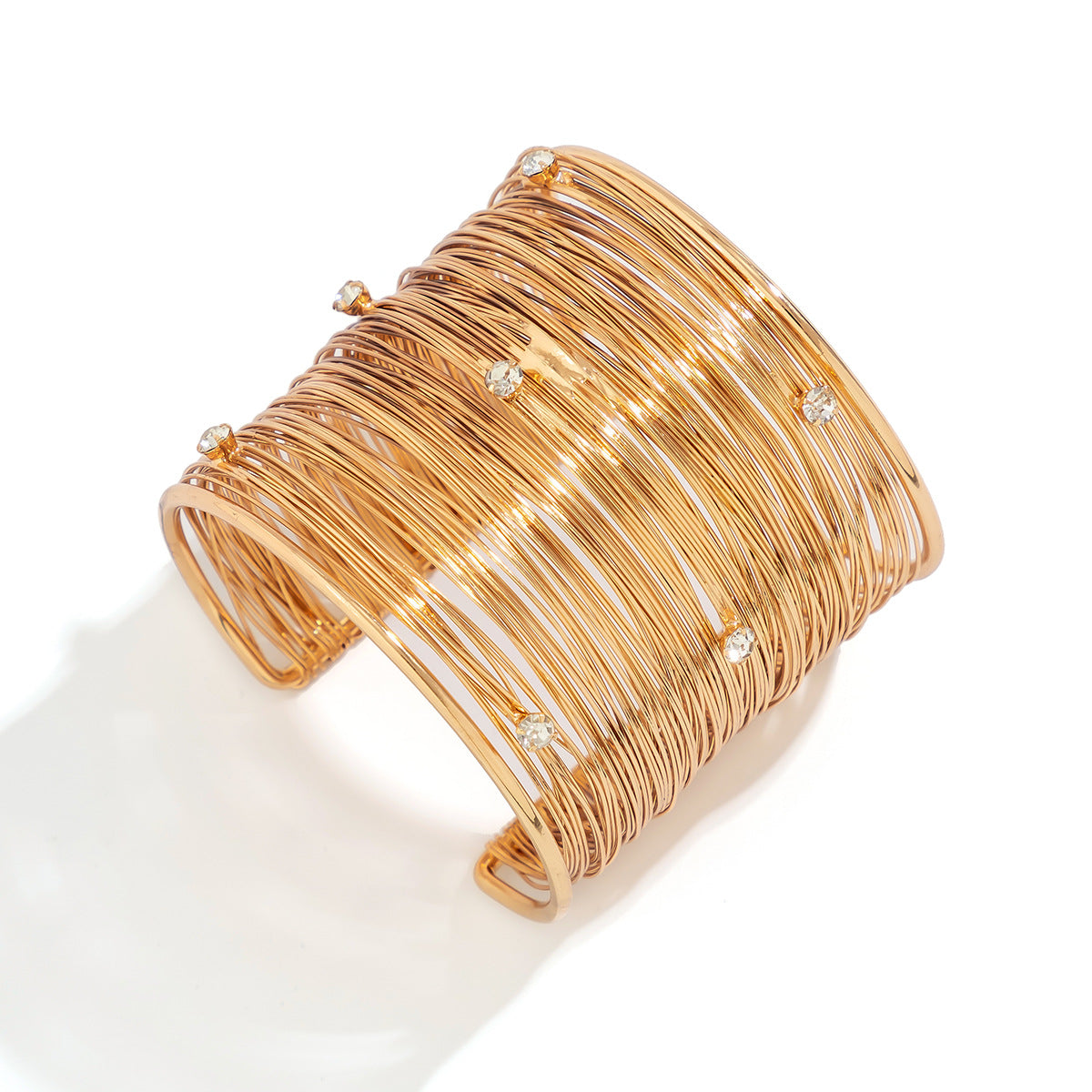 European and American Jewelry: Retro Wide Face Metal Opening Bracelet with Geometric Lines and Rhinestones, Versatile Bracelet for Women