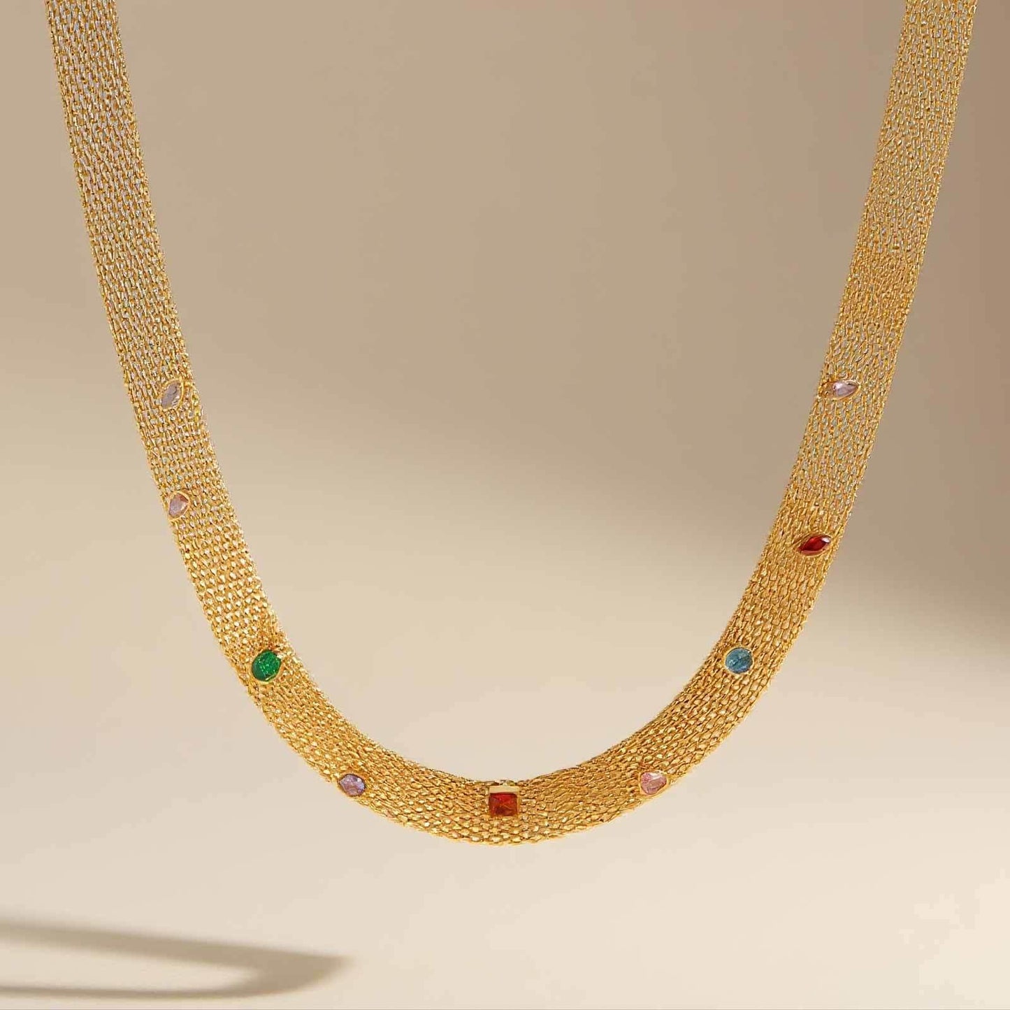 Gold Stainless Steel Mesh Chain With Colored Zircon Necklace Design Women's