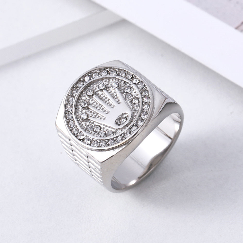 European and American Personality Retro Hip Hop Zircon Crown Men's Titanium Steel Ring With Zircon Detail