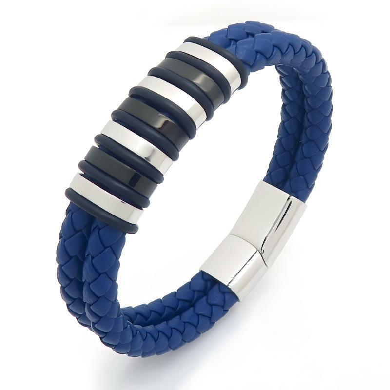 Woven Leather Bracelet Black & White Bead Spacer Stainless Steel Magnetic Suction