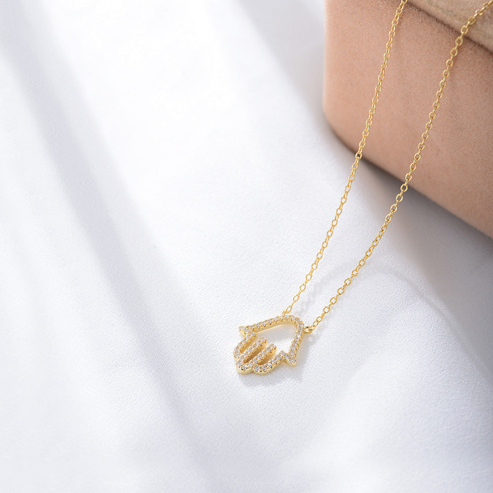 S925 Sterling Silver Micro-Inlaid Zircon Flash Hollow Palm Pendant Necklace Explosive Products