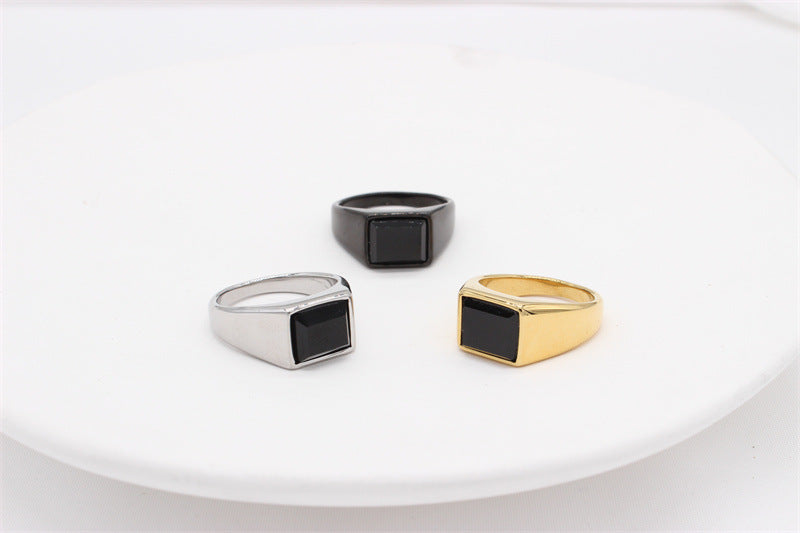 Men Titanium Steel Ring With Black Stone Unisex Durable Fashion Accessory Planderful For Modern Gents