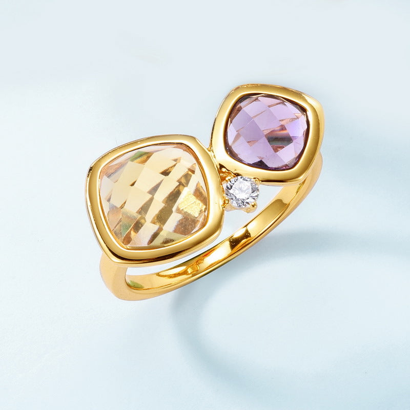 S925 Sterling Silver Crystal Double-Stone Adjustable Ring