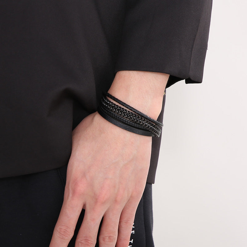 Planderful Men Titanium Steel Chain Cowhide Bracelet Genie