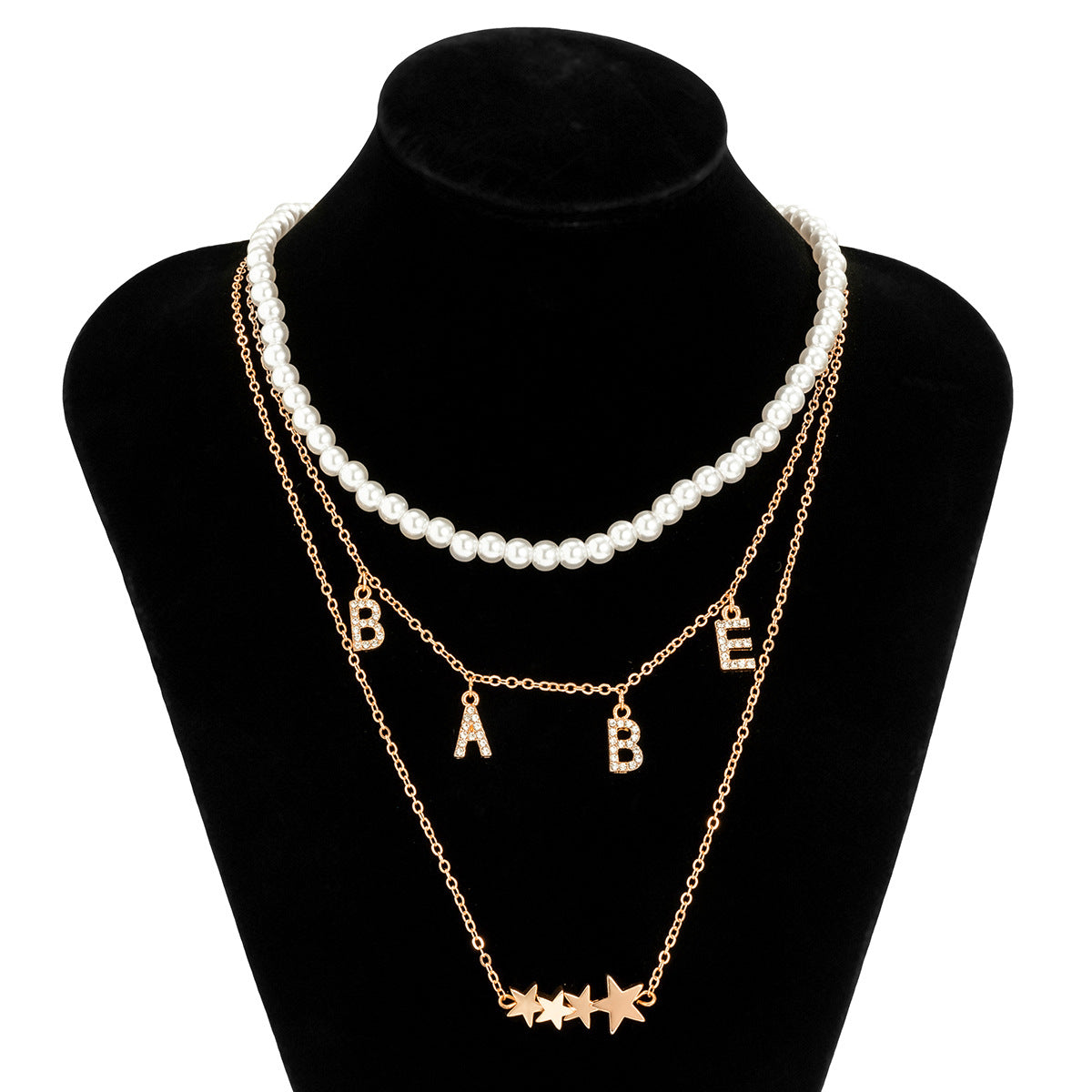 European and American Cross-border Jewelry, Stacking and Matching Star Letter Tassel Necklace, Full of Diamonds, Babe, Imitation Pearl Necklace for Women