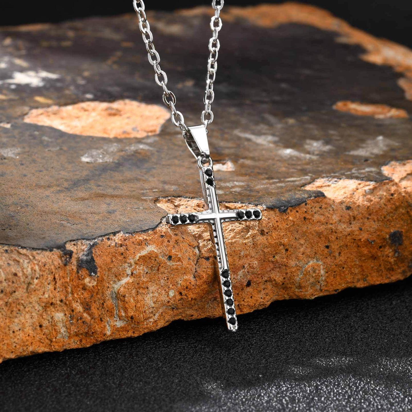 Planderful Stainless Steel Cross Pendant Men Black Zircon