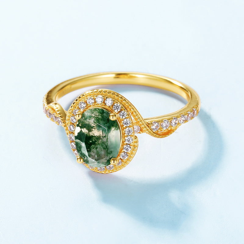S925 Sterling Silver Gold-Plated Moss Agate Signature Ring