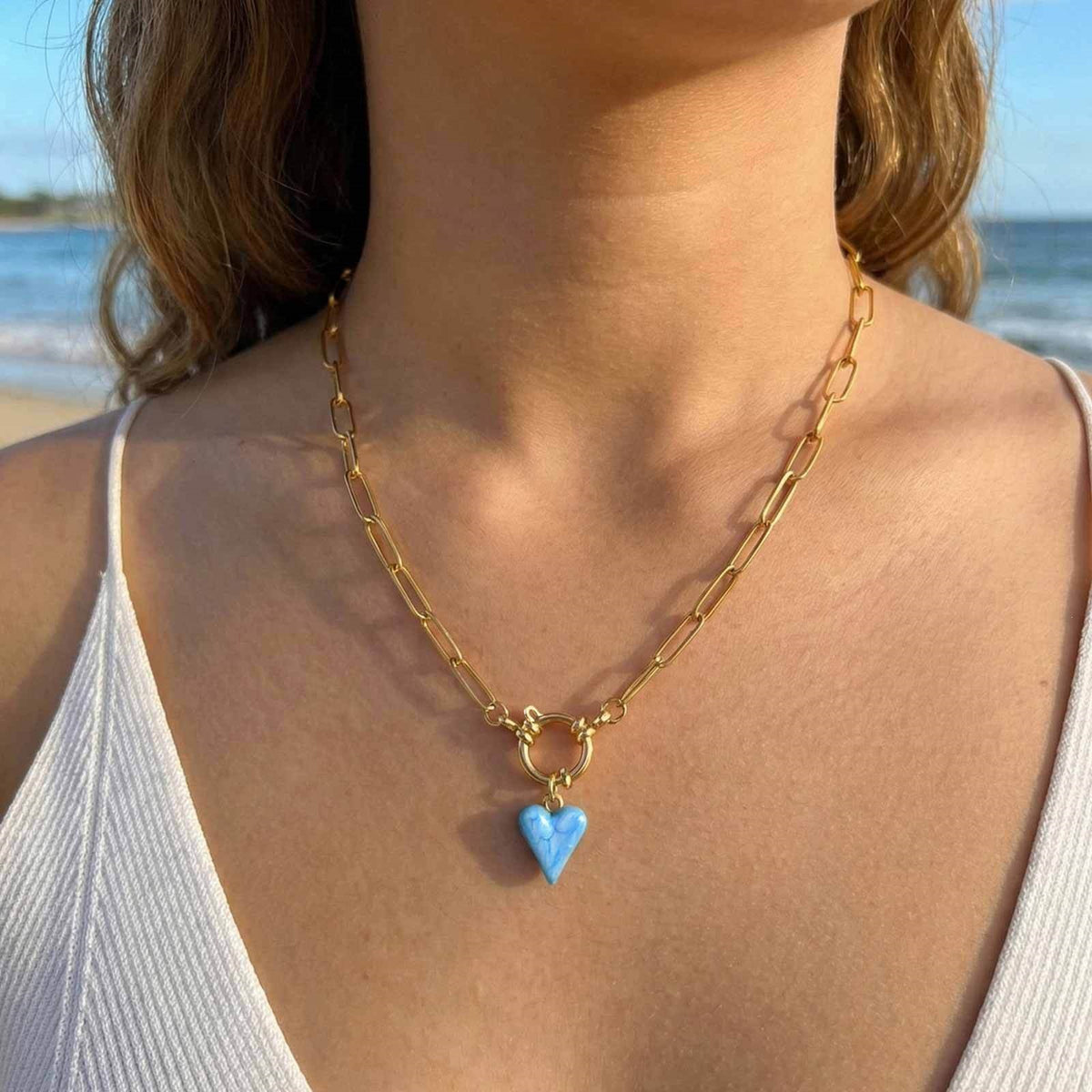 Stainless Steel Blue Heart-Shaped Small Square Chain Bubble Buckle Commuter Holiday Wear Necklace