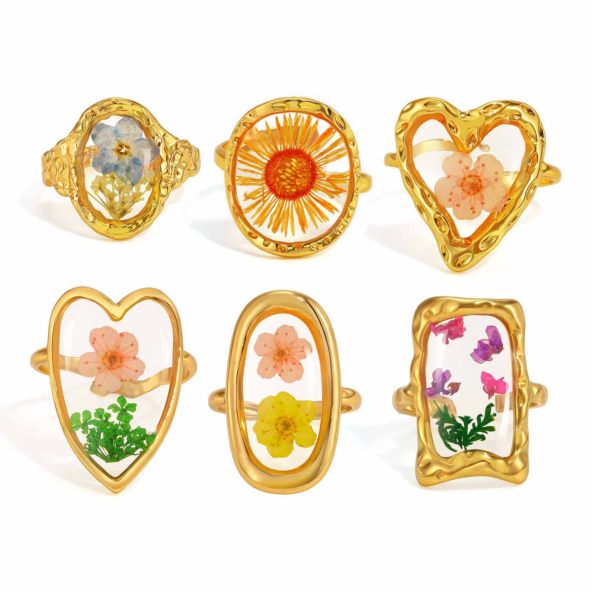 Stainless Steel Handmade Dried Flower Ring Women's Design Sense Round Heart-Shaped Glue