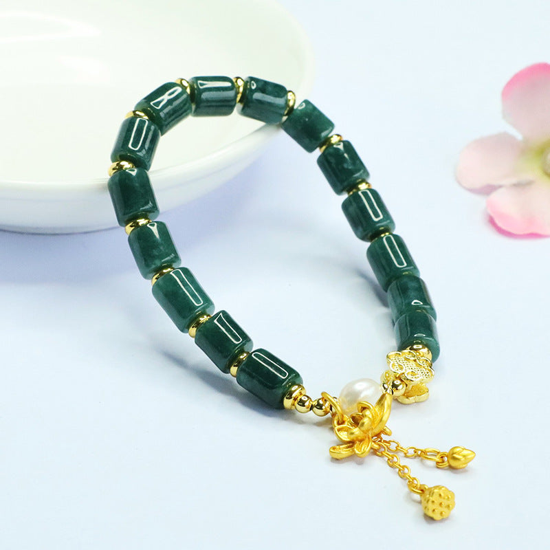 Blue Water Jadeite Ruyi & Barrel Bead Beaded Bracelet