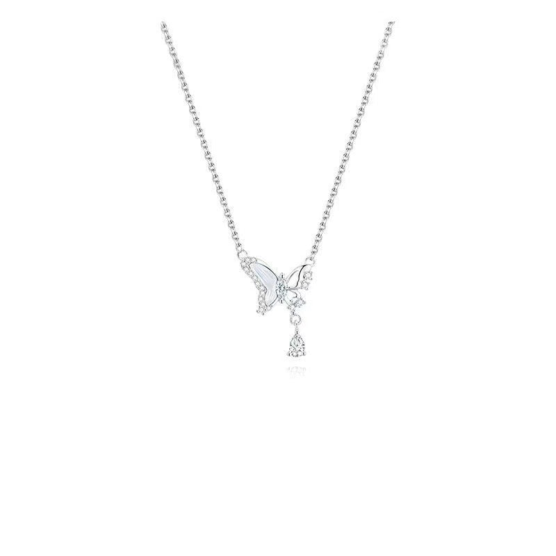 Planderful Sterling Silver Moonlight Butterfly Necklace With Mother Of Pearl Zircon Collarbone Gift For Girlfriend