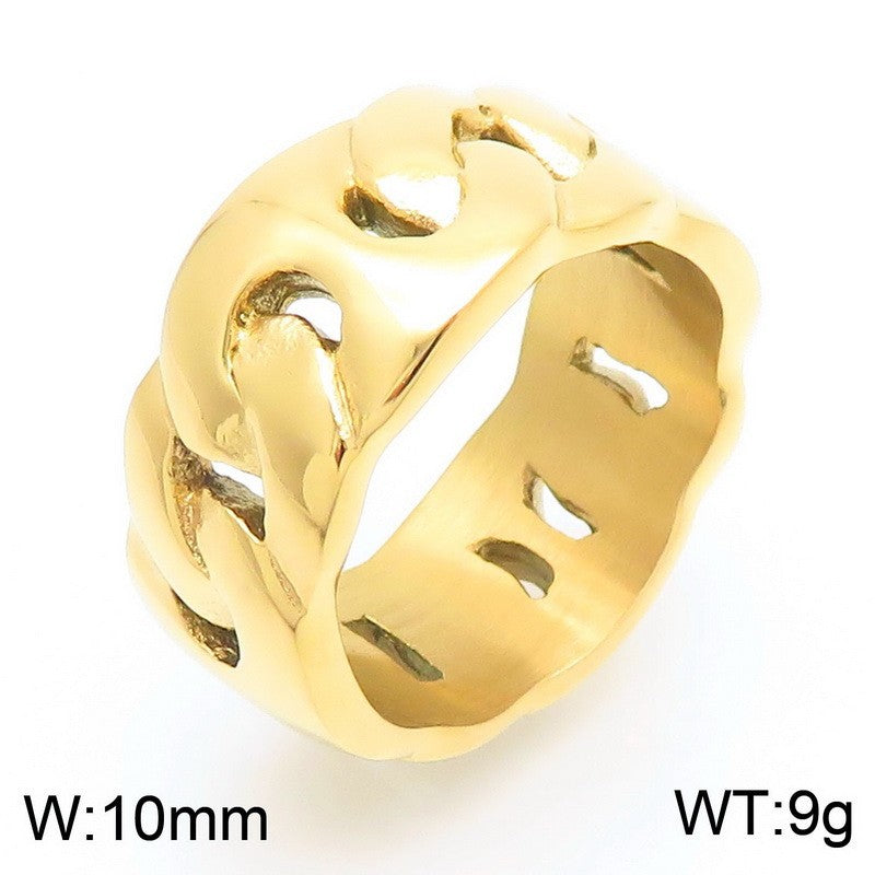 Planderful Mens Hollow Ring 18K Gold Titanium Cuban Chain