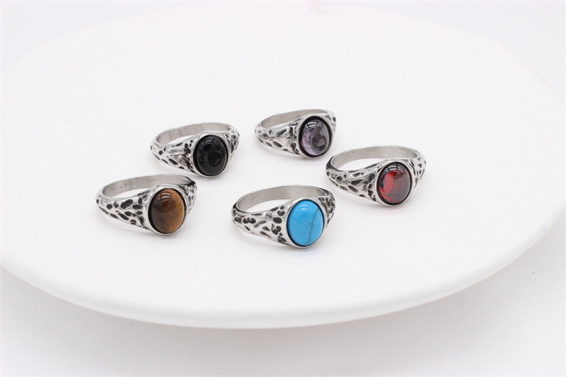 Planderful Titanium Steel Ring For Men Unisex Retro Oval Stone Statement Jewelry