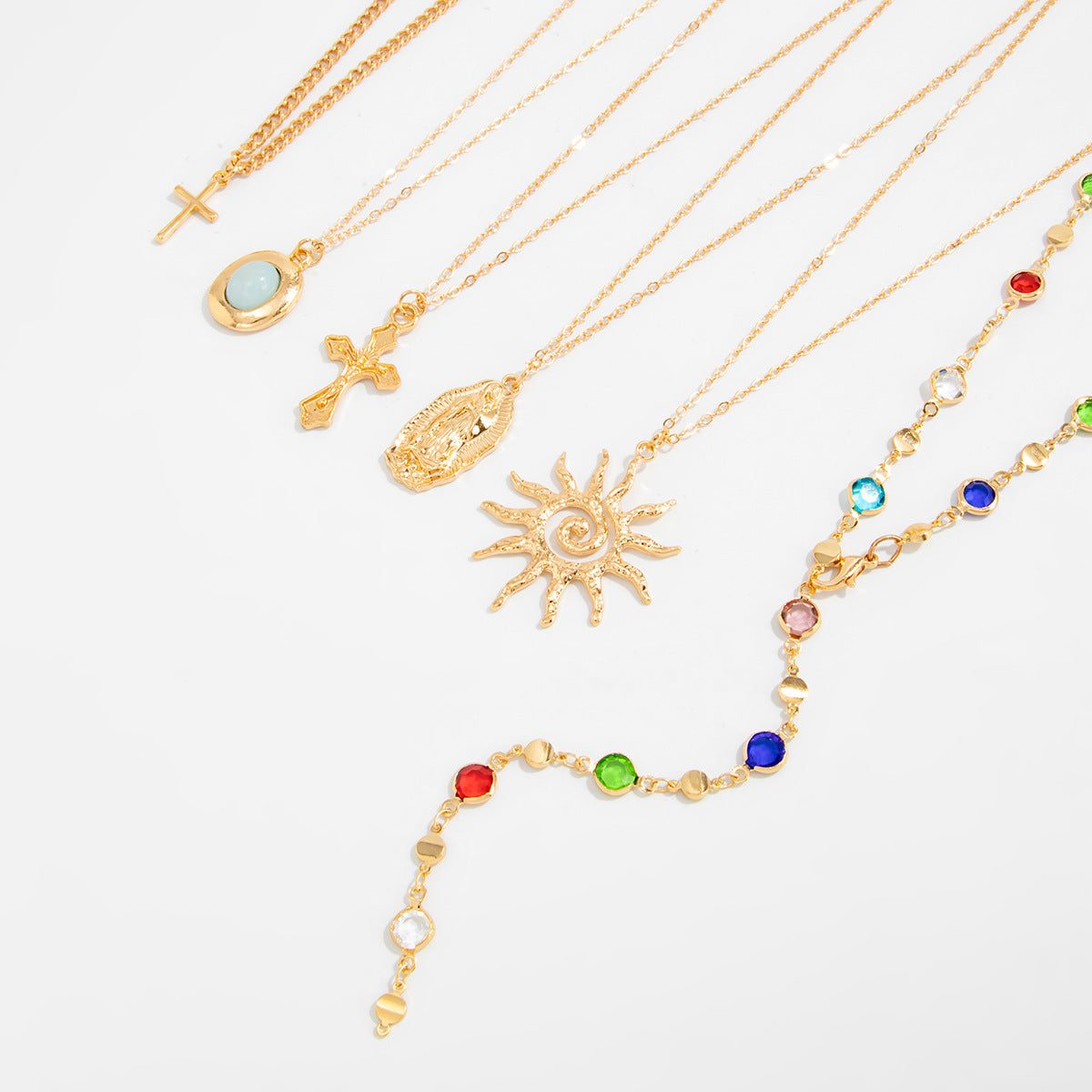 Sun Gem Pendant Stacked Necklace Color Crystal Y-Shaped Long Fringed Necklace