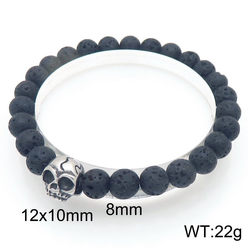 Planderful Men Skull Beaded Elastic Bracelet Volcanic Stone