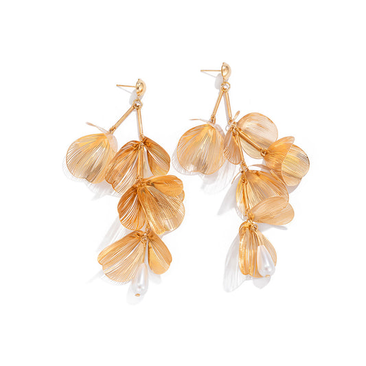 Ginkgo Leaf Stud Earrings By Planderful Vienna Verve Metal Textured Imitation Pearl Statement Earrings For Women