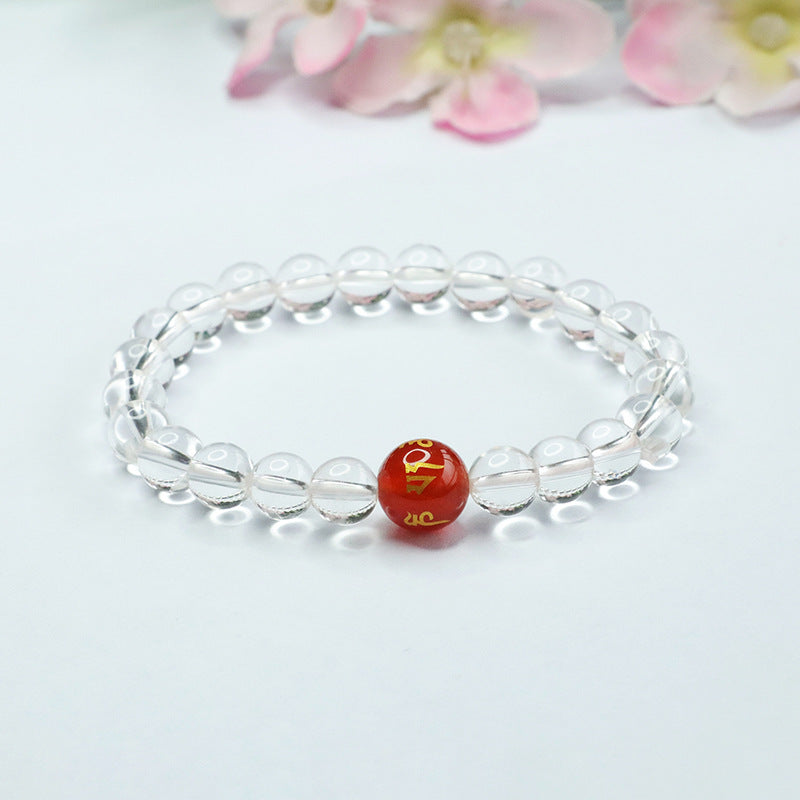 Red Agate and White Crystal Fortune Bracelet with Six-character Proverbs