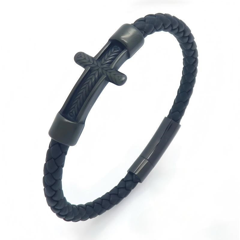 Wheat Ear Cross Curved Bar Woven Leather Bracelet Old Round Stainless Steel