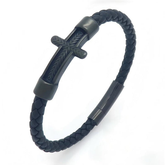 Wheat Ear Cross Curved Bar Woven Leather Bracelet Old Round Stainless Steel