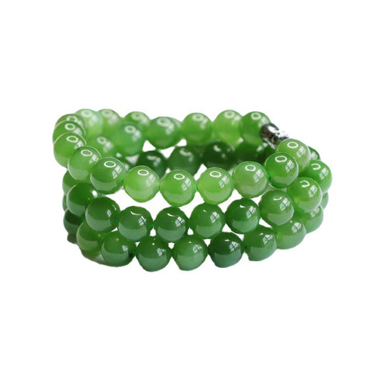 Natural Hotan Jade Necklace Jasper Apple Green Bead String Jewelry