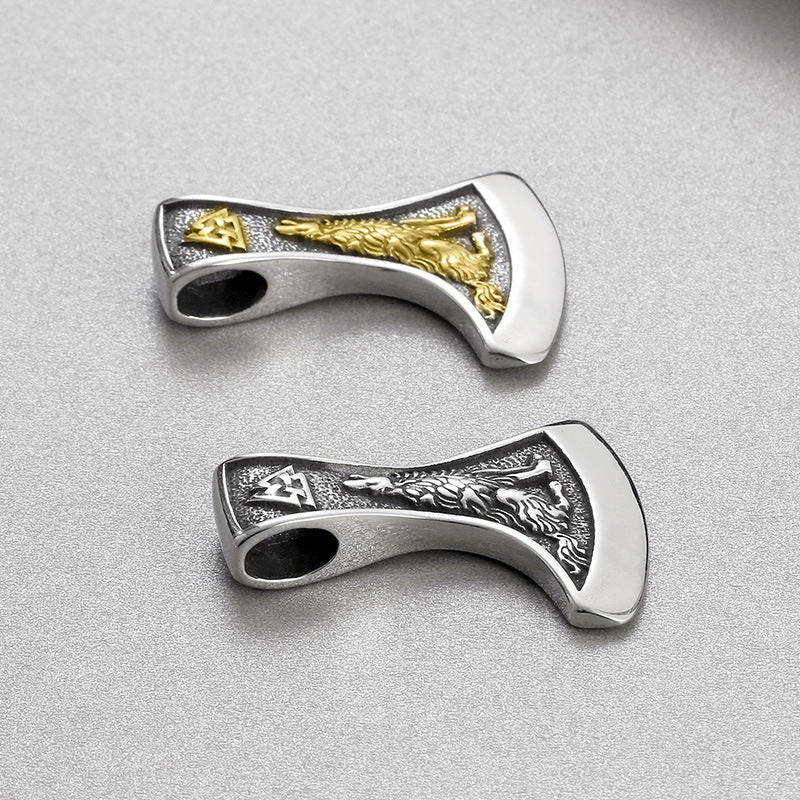 Viking-Inspired Stainless Steel Men's Pendant with Double-Sided Axe and Direwolf Design