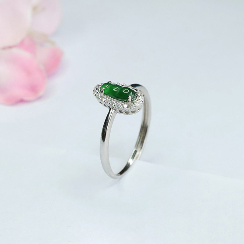 Icy Green Jadeite Bean 925 Silver Adjustable Ring