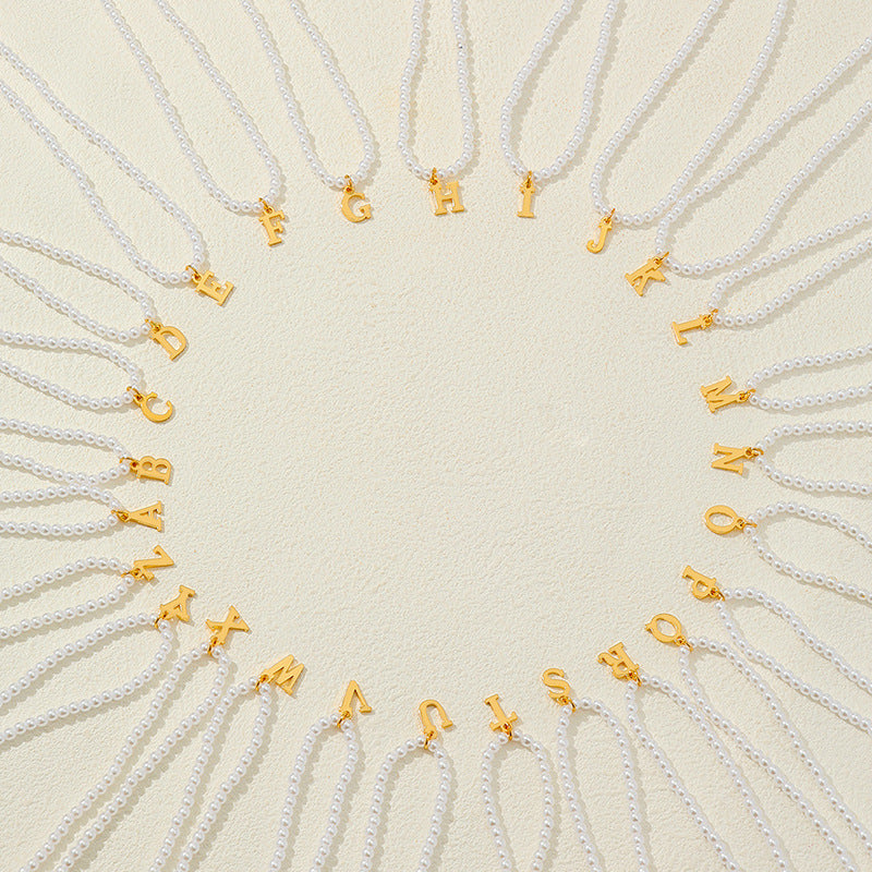 French Retro Pearl Necklace with Metal English Letter Pendant - Vienna Verve Collection