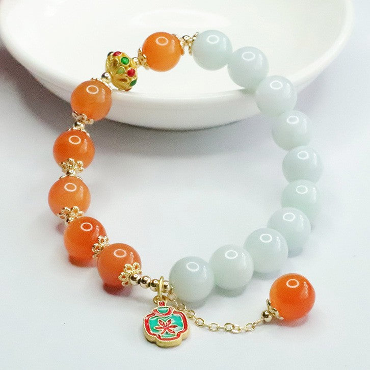 Jadeite Round Bead & Golden Silk Jade 10 mm Beaded Bracelet