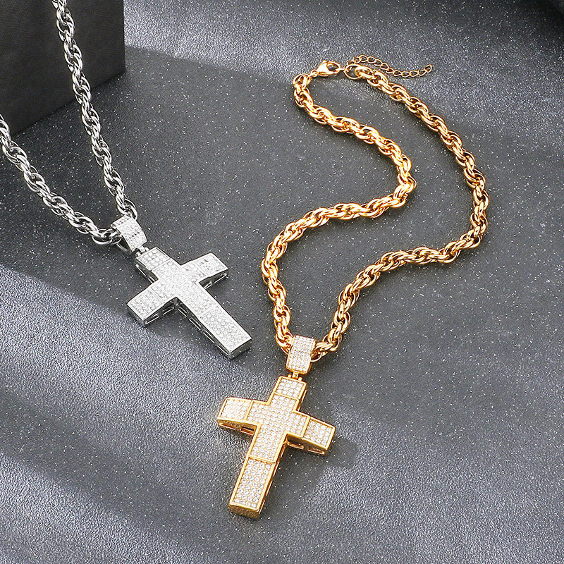 Twist Chain Hip Hop Inlaid With Zircon Double Cross Hollow Pendant Stainless Steel Necklace