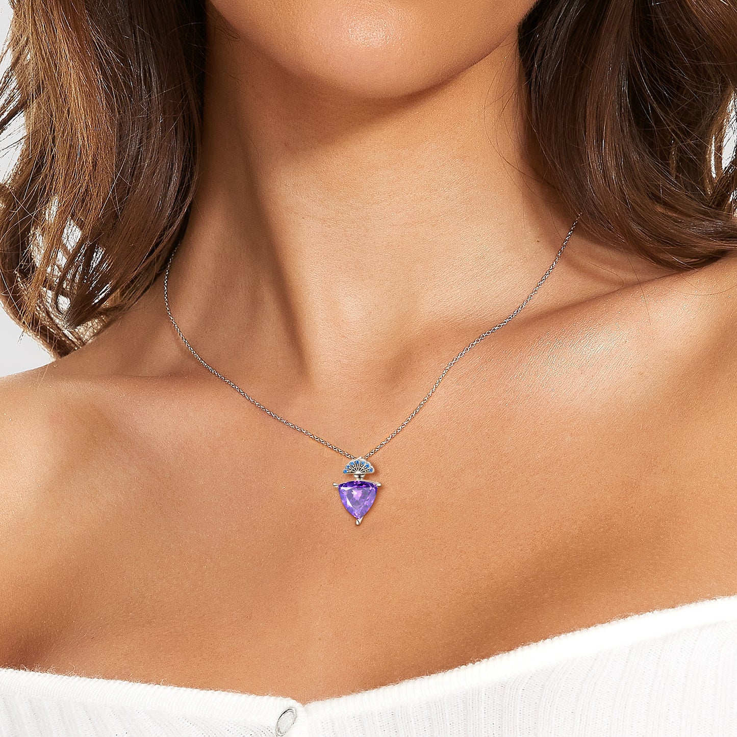 Triangle Purple Zircon Pendant Silver Necklace