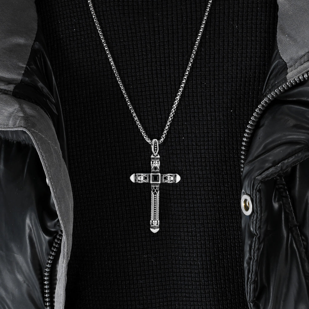 Cross-Border Retro European American Stainless Steel Cross Necklace for Men