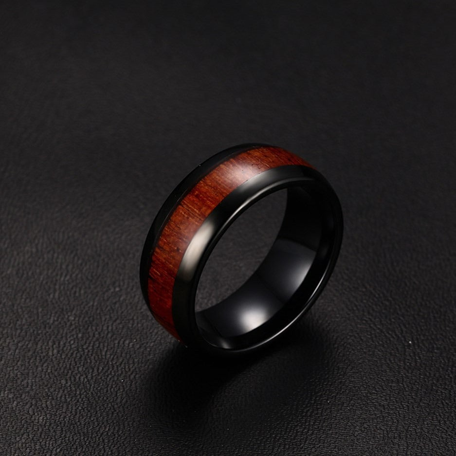 Korean Version Ring Tungsten Steel Wood Grain Inlaid Ring