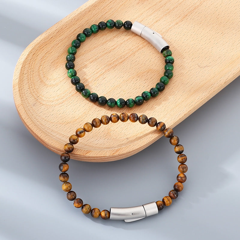 Bracelet – Tiger's Eye Stone Turquoise Magnetic Buckle Titanium Steel Men's Beaded