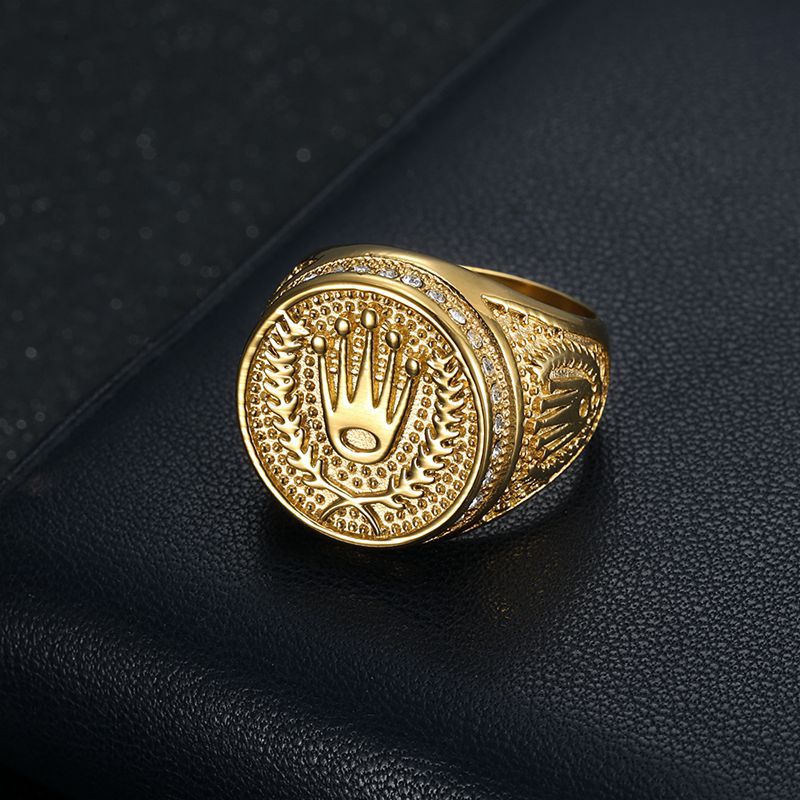 Planderful Mens Titanium Steel Ring Crown With Golden Rhinestones Hip Hop Style Size 7 13