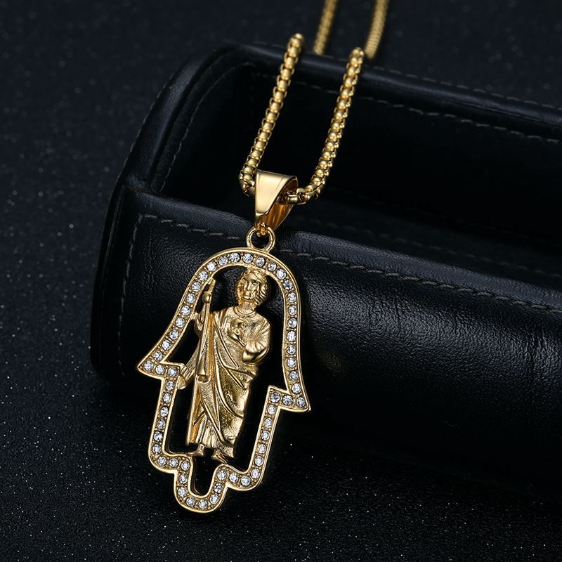 Planderful Hip Hop Pendant Necklace Stainless Steel Gold Plated Zircon Fatima Hand St Jude Urban Jewelry Lovers Must Have