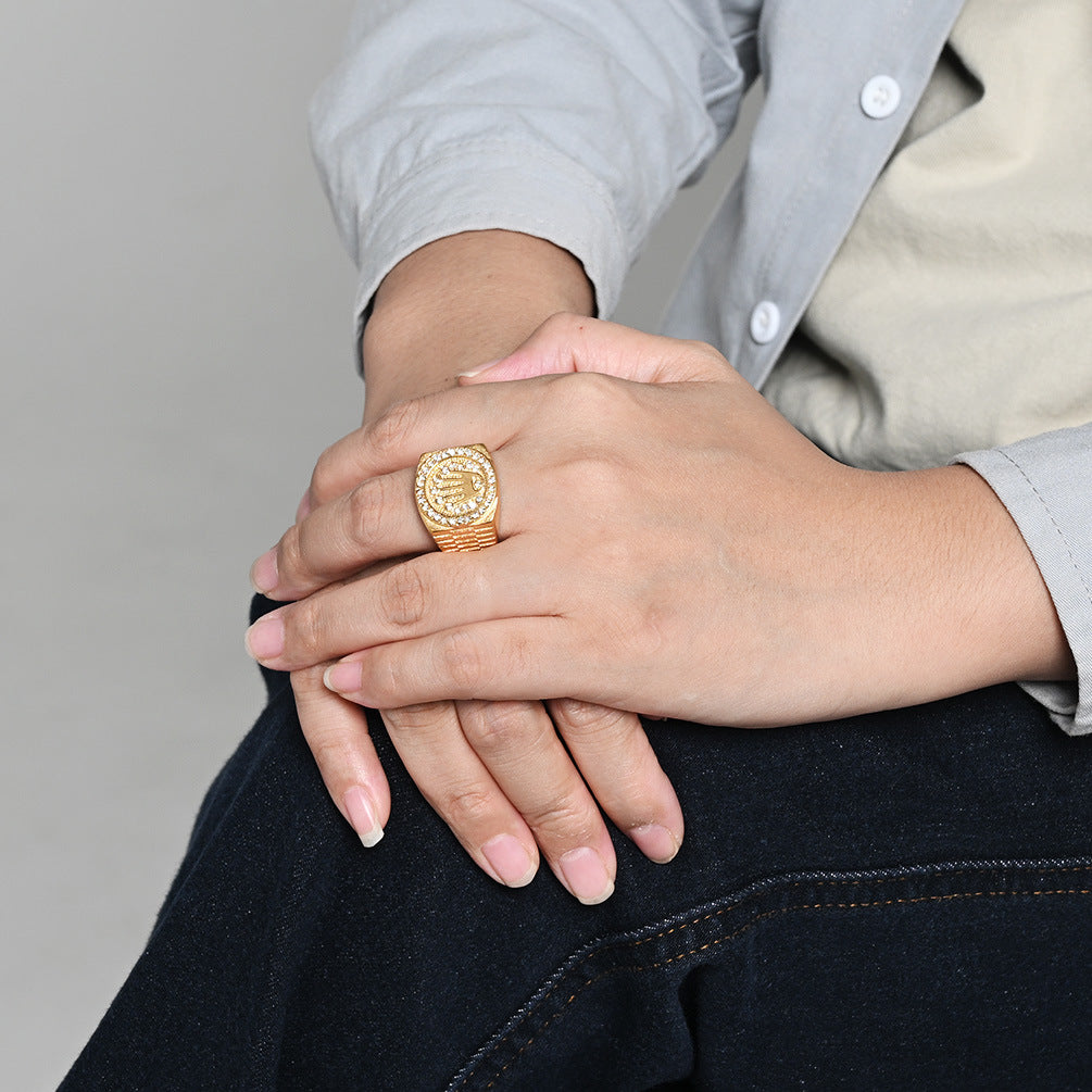 Planderful Titanium Steel Crown Ring For Men With Full Zircon Trendy Nightclub Hip Hop Accessory