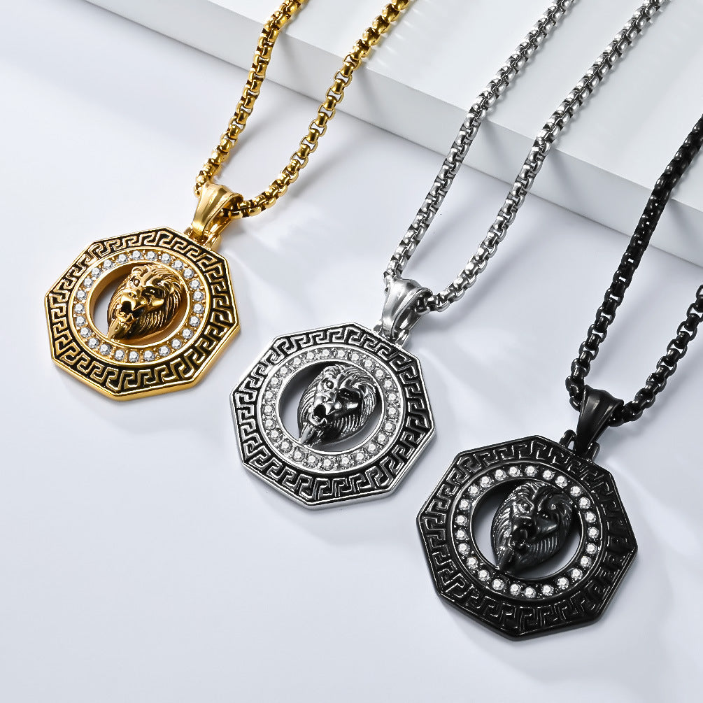 Steel Necklace – Statement Hip Hop Lion Head Zircon Inlay Pendant For Bold Everyday Style