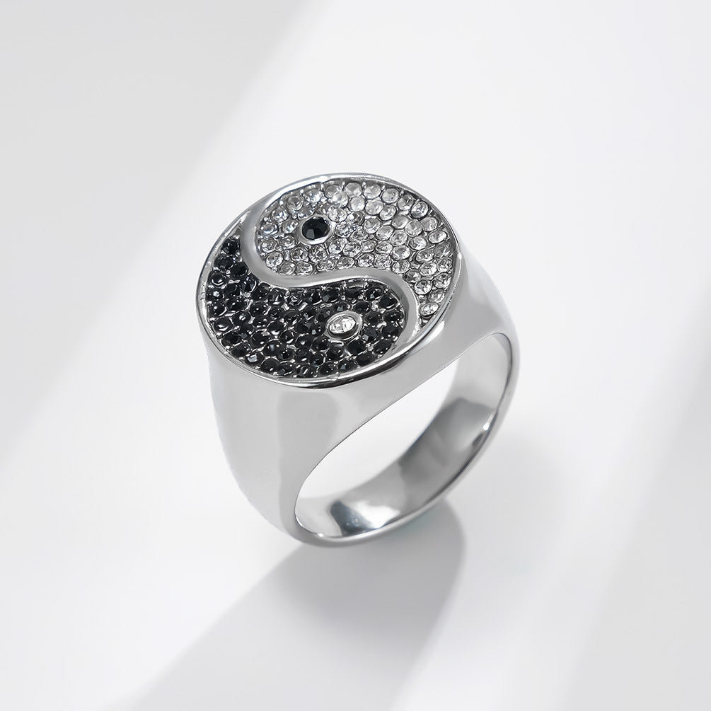 Planderful Tai Chi Ring For Men Stainless Steel With Black And White Zircon Inlay Retro European American Style
