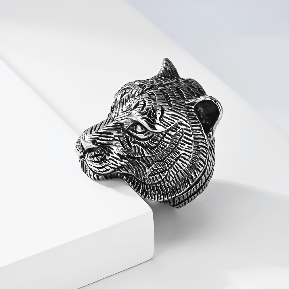 Planderful 3D Tiger Head Ring for Men Titanium Steel Durable Retro Domineering Style