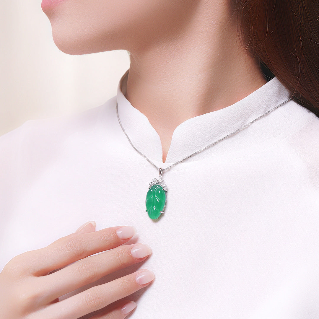 S925 Sterling Silver Natural Chalcedony Leaf Necklace