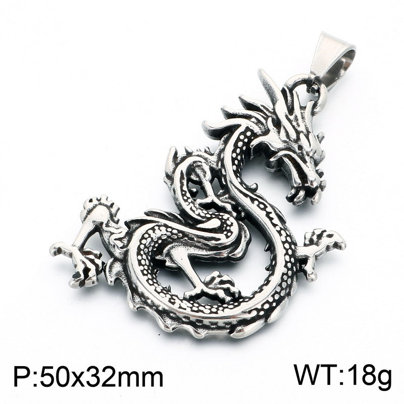 Chinese Style Retro Zodiac Dragon Necklace Stainless Steel Double Dragon Play Bead Pendant