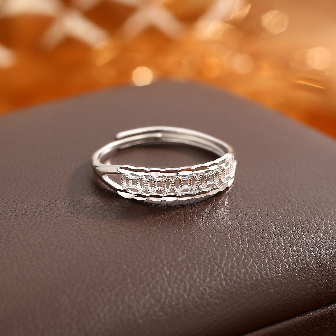 Planderful Sterling Silver Coin Ring For Women Adjustable Hollow Coin Design With Fortune Charm Retro Chinese Style